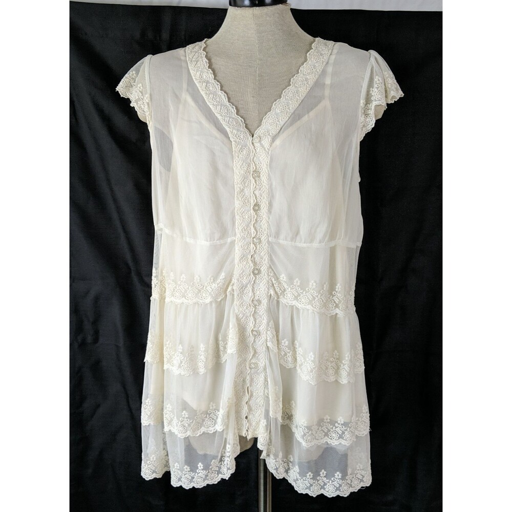 ADiva Eyelet Lace Long Top Ivory Sheer Blouse Women Size 1X Boho Coastal Cowgirl